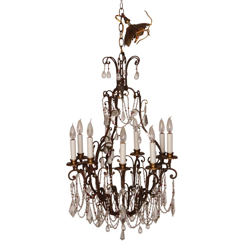 French Wrought Iron and Glass Eight Light Chandelier, early 20th century