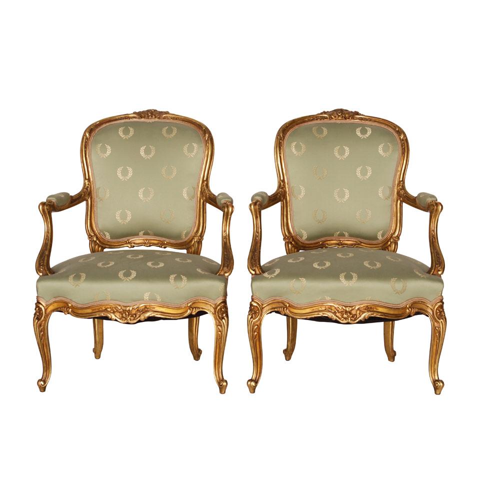 Pair of Louis XV Style Giltwood Silk Brocade Upholstered Fauteiuls a la Reine