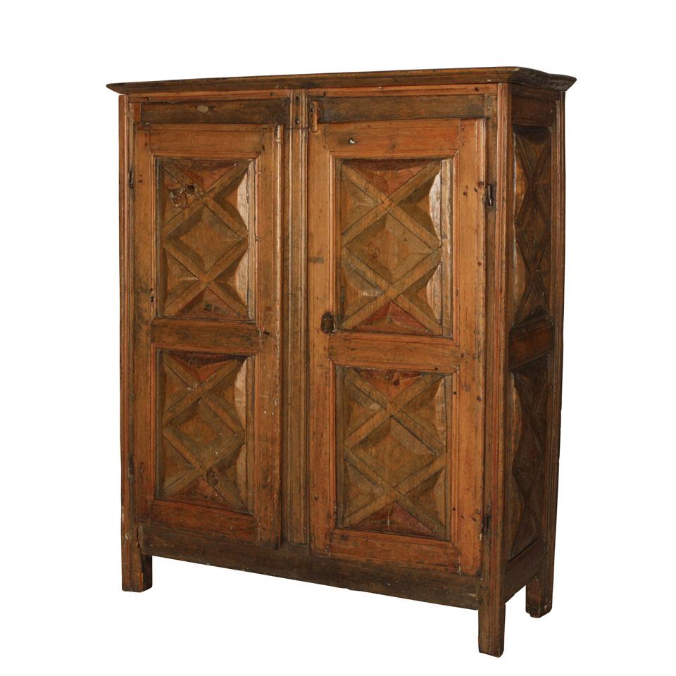 Early Quebec Diamond Point Carved Cupboard, early to mid 18th c. , with traces of original finish