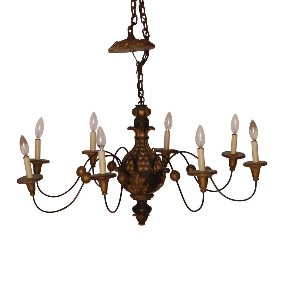 George I Style Turned and Carved Parcel Gilt Eight Light Chandelier, 19th century