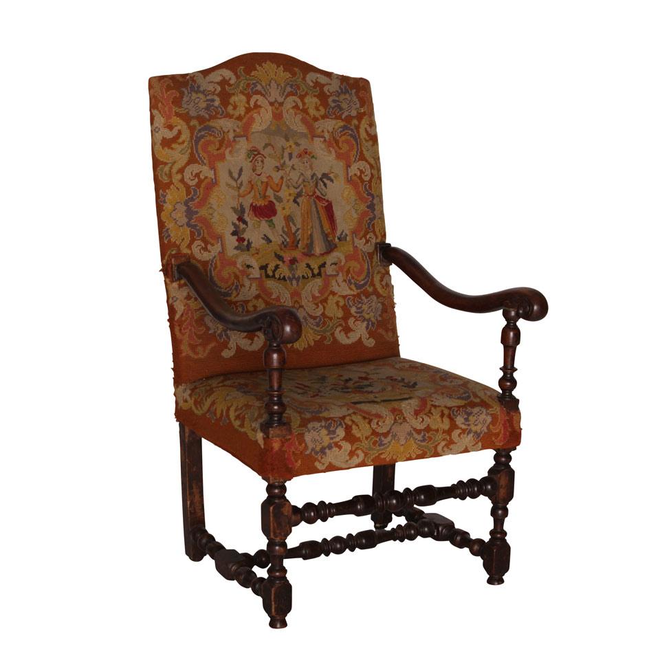 Nineteenth Century Walnut Needlepoint Upholstered Open Armchair