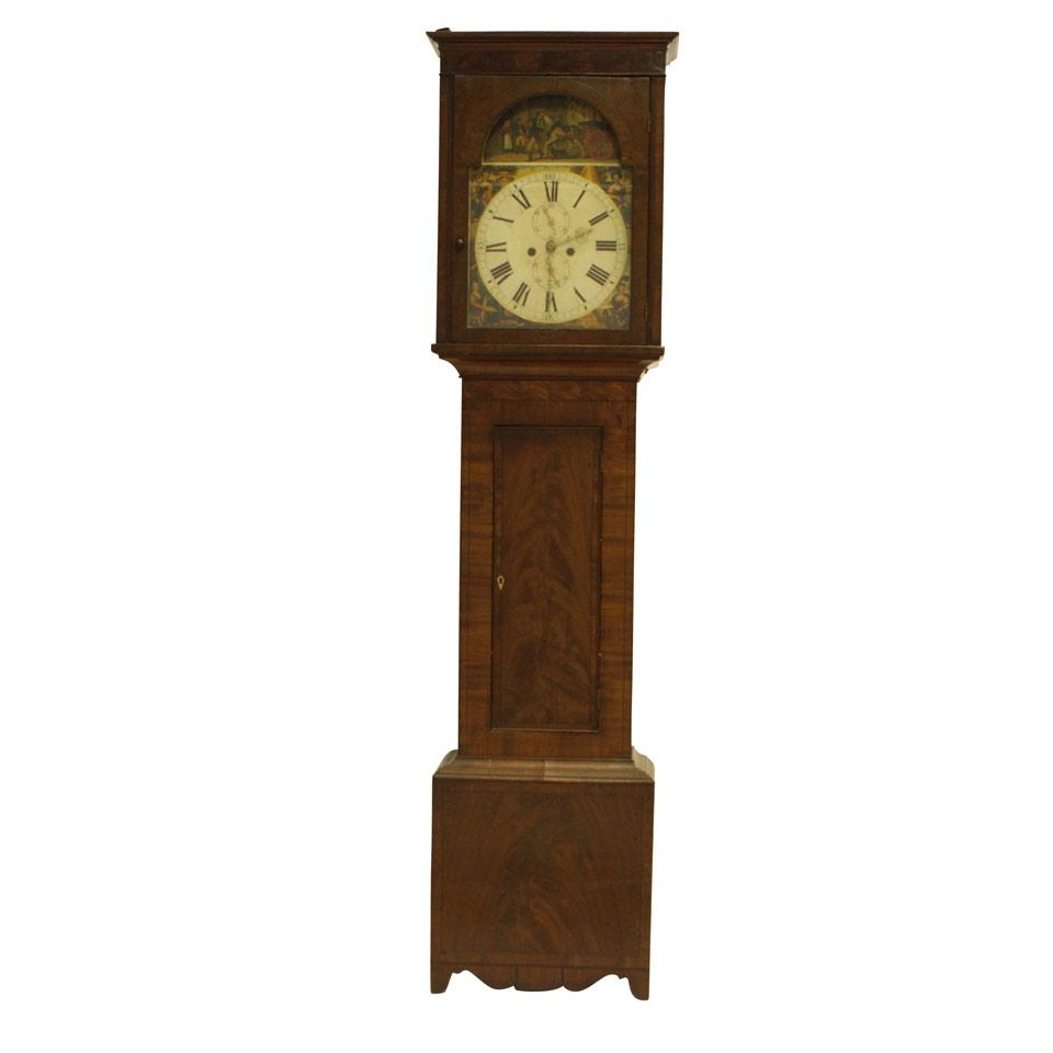 Regency Figured Mahogany Long Cased Clock with polychromed dial