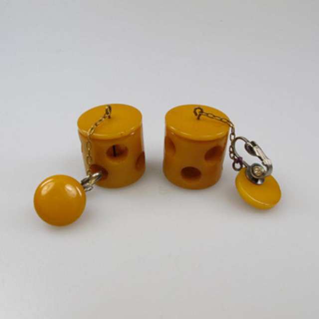 Pair Of Carved Butterscotch Bakelite Clip Back Drop Earrings