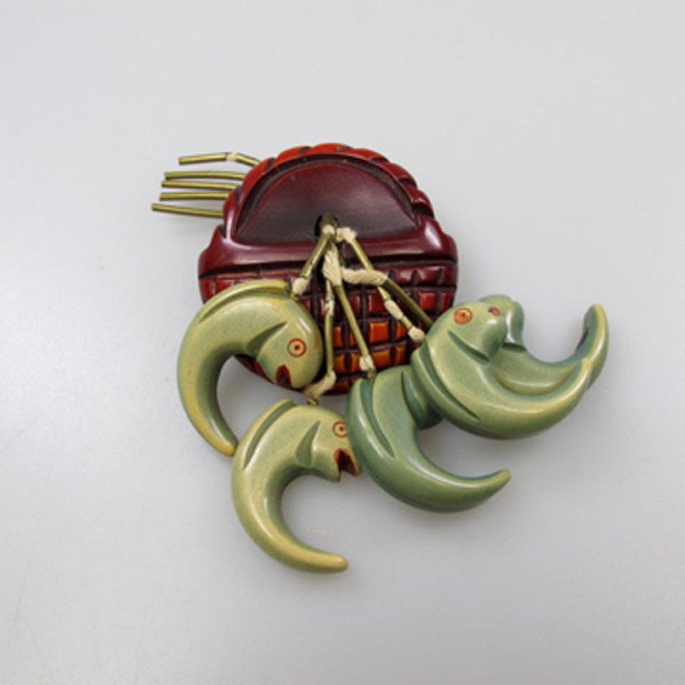 Carved And Over Dyed Red And Green Bakelite Brooch
