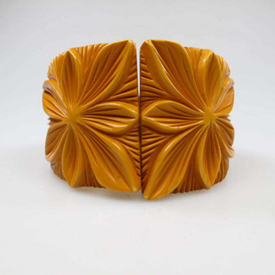 Carved Butterscotch Bakelite “Clamper” Bangle