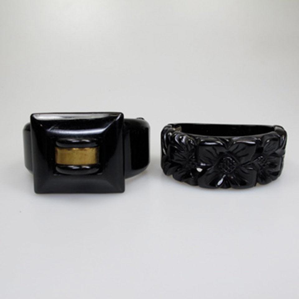 2 Carved Black Bakelite “Clamper” Bangles