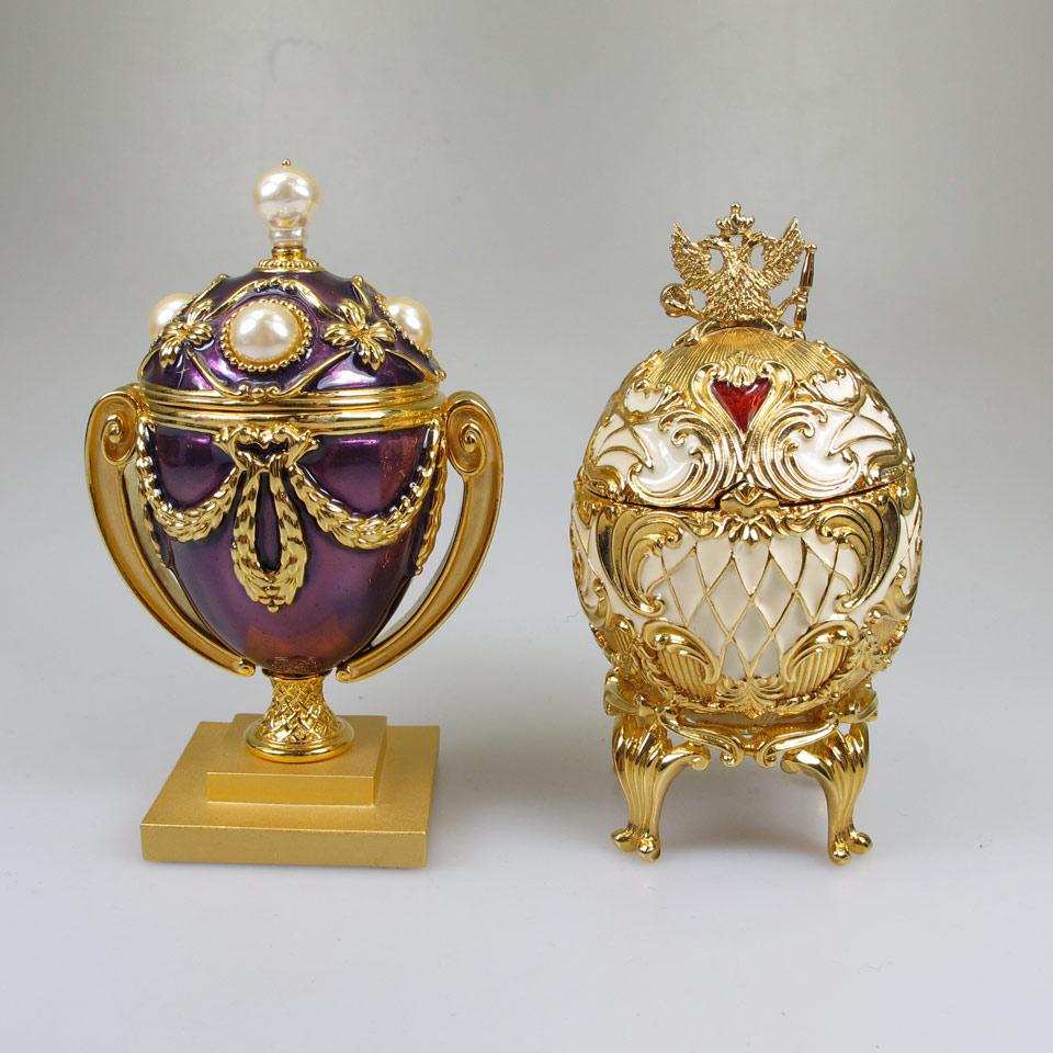 2 Gilt Metal And Enamel Faberge-style Eggs