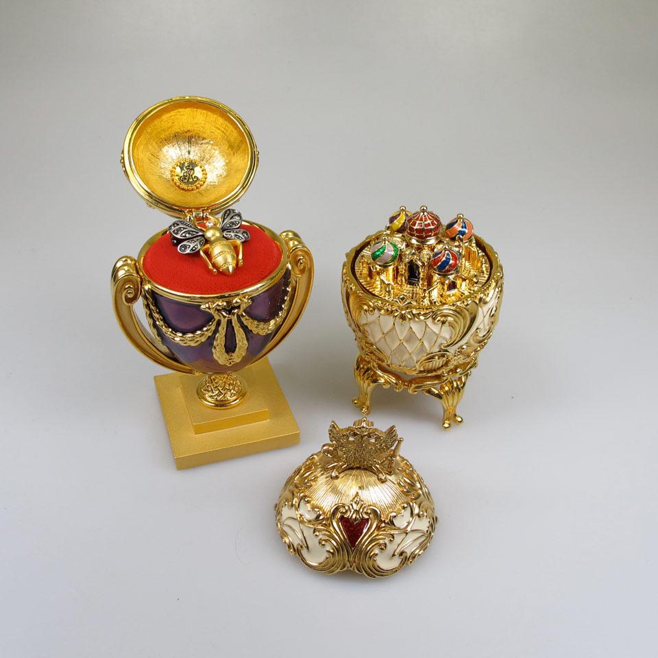 2 Gilt Metal And Enamel Faberge-style Eggs