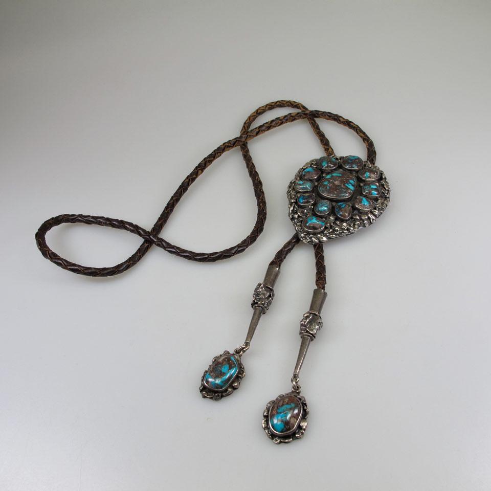 Navajo Sterling Silver And Leather Bolo Necklace