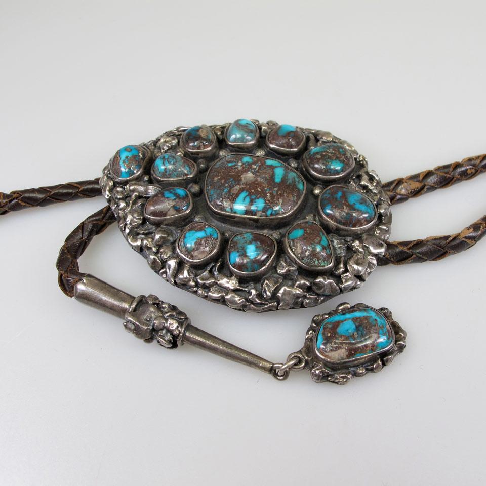 Navajo Sterling Silver And Leather Bolo Necklace