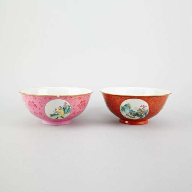 Pair of Famille Rose Medallion Bowls, Qianlong Marks, Republican Period