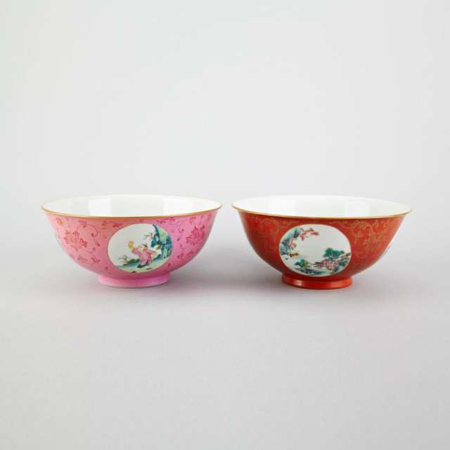 Pair of Famille Rose Medallion Bowls, Qianlong Marks, Republican Period