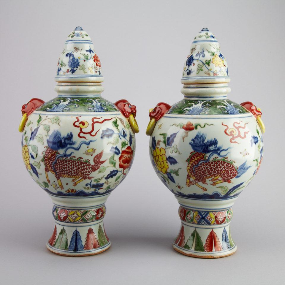 Pair of Wucai Vases and Covers 