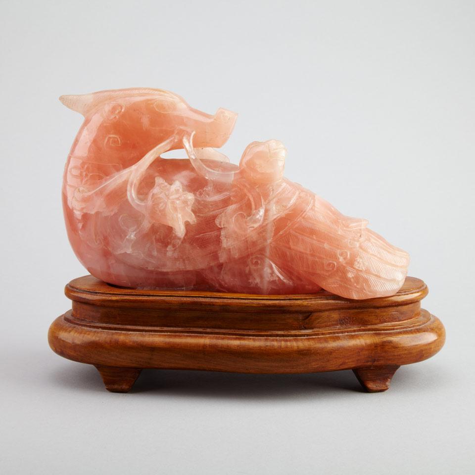 Large and Attractive Rose Quartz Carving of a Duck