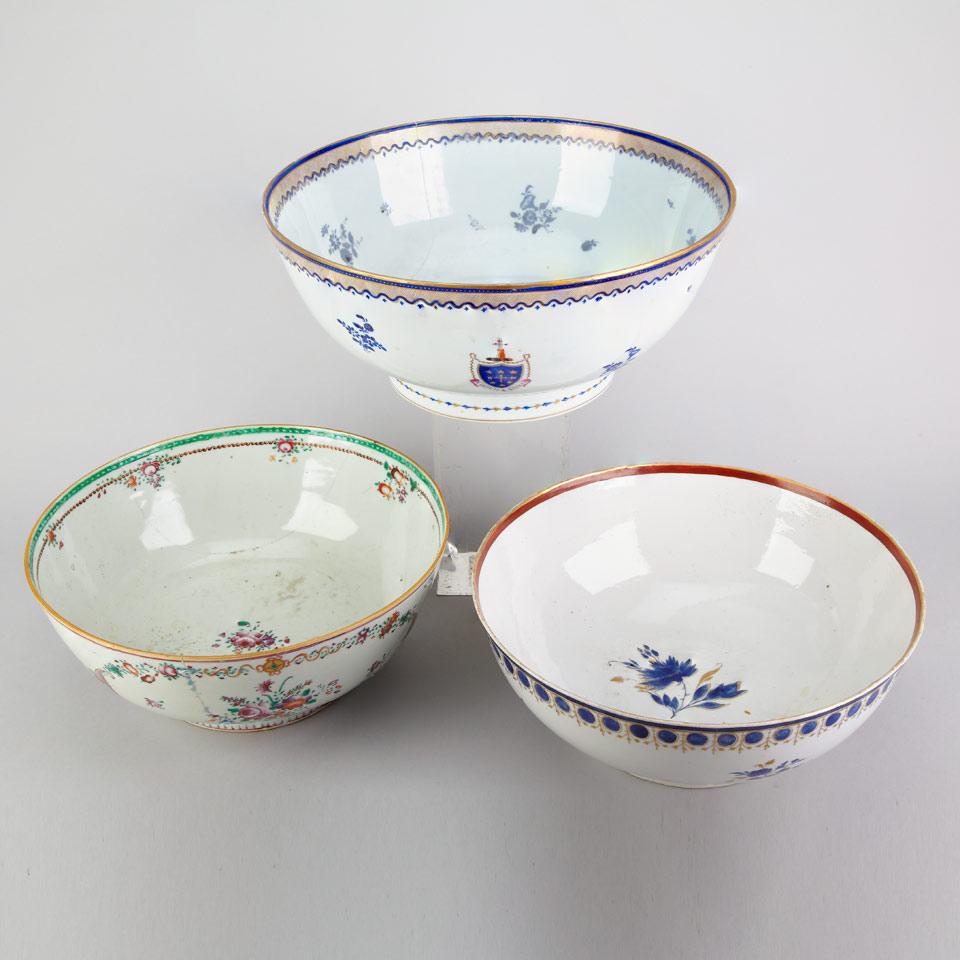 Three Large Export Famille Rose Punch Bowls, 18th Century