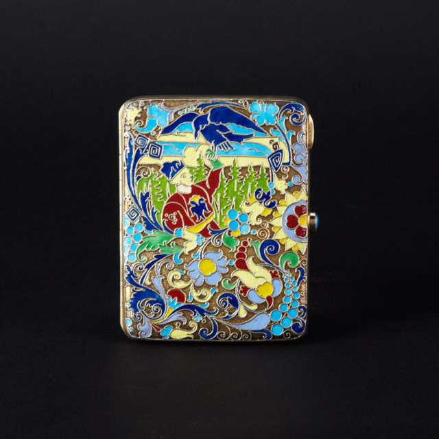 Russian Silver-Gilt and Cloisonné Enamel Cheroot Case, Moscow, 1908-17
