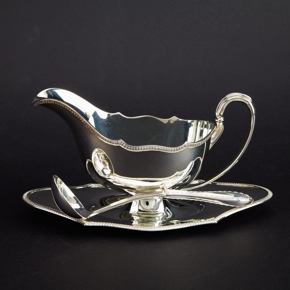 English Silver Gravy Boat on Fixed Stand, Harrison Bros. & Howson, Sheffield, 1955