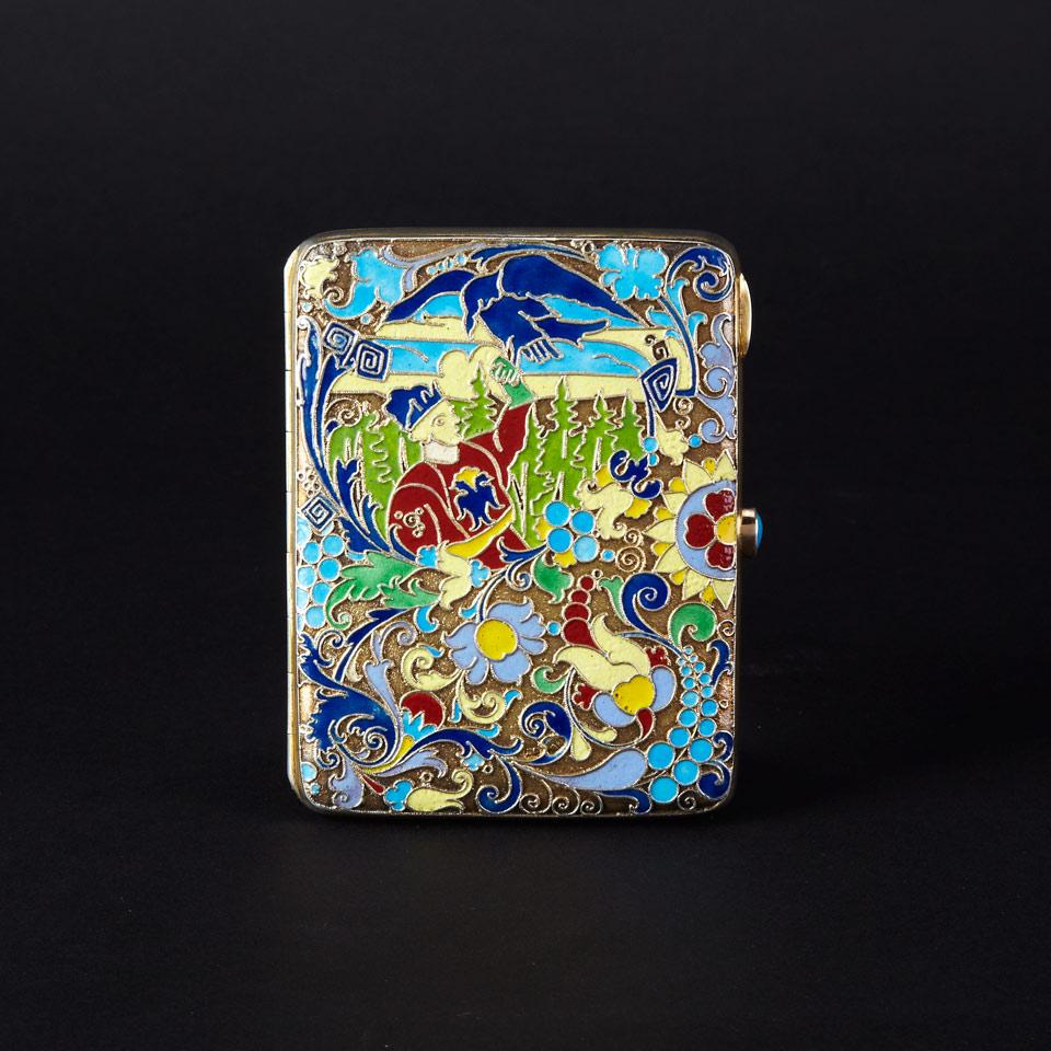 Russian Silver-Gilt and Cloisonné Enamel Cheroot Case, Moscow, 1908-17