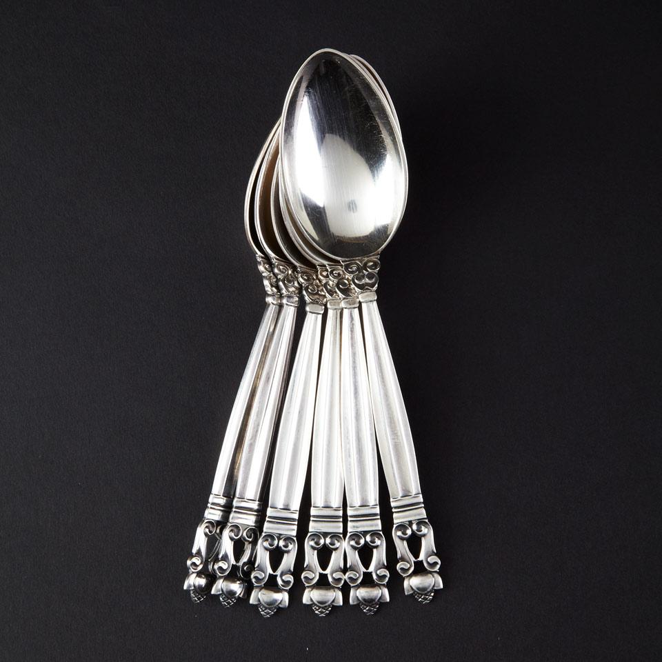 Six Danish Silver ‘Acorn’ Pattern Dessert Spoons, Johan Rohde for Georg Jensen, Copenhagen, 20th century