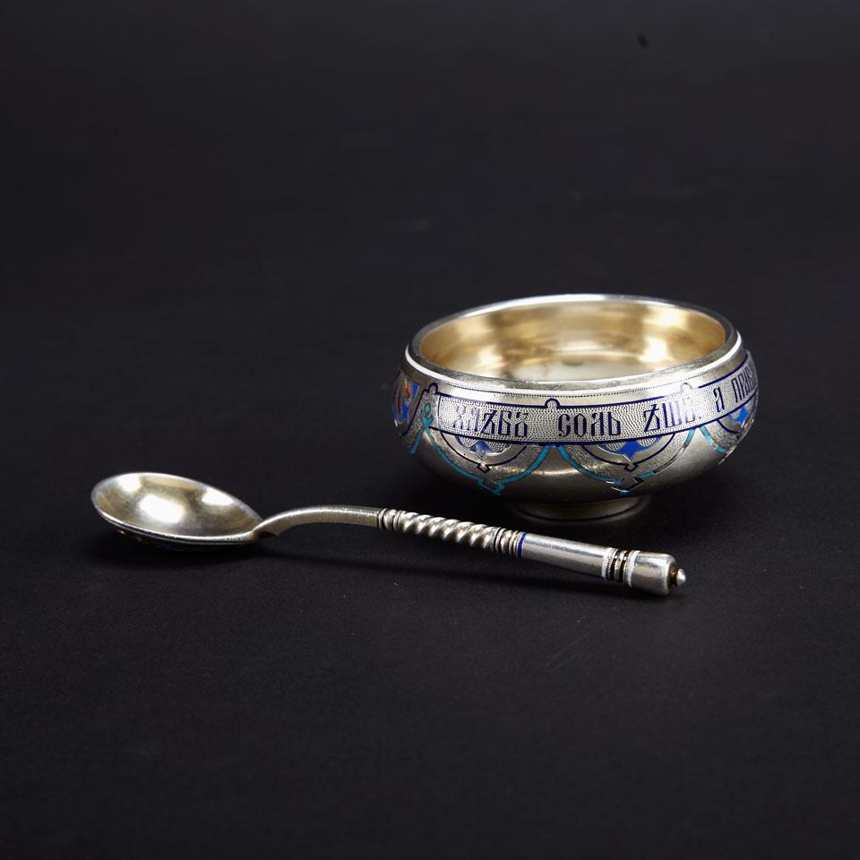 Russian Silver and Champlevé Enamel Salt Cellar, Alexander Sokolov, St. Petersburg, c.1880, together with a Similar Tea Spoon, Ivan Khlebnikov, Moscow, c.1870
