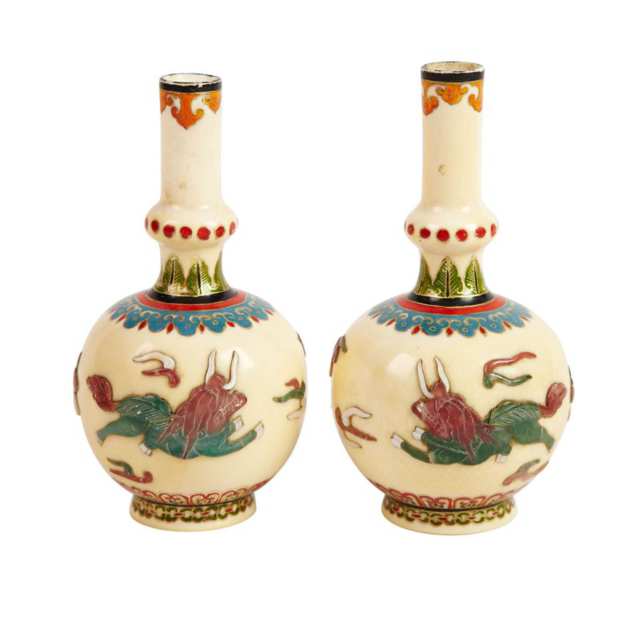 Pair of Ivory and Hardstone Inlay Bottle Vases, 19th Century