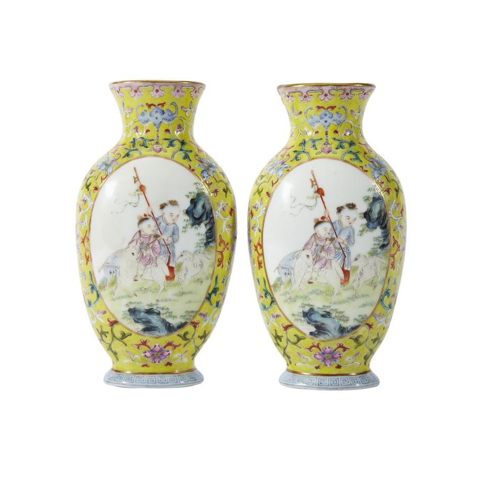 Pair of Famille Rose ‘Boys’ Vases, Qianlong Mark and Period (1736-1795)