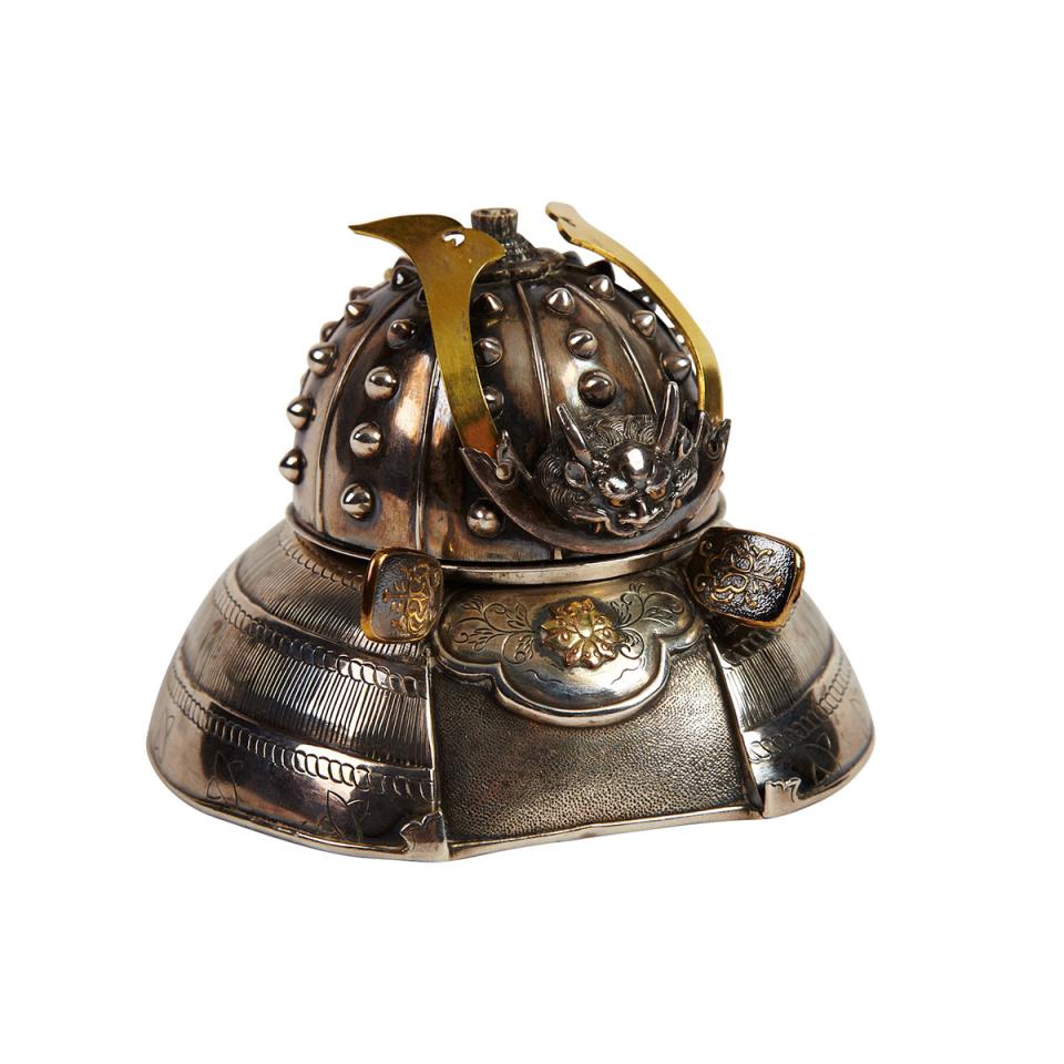 Silver Samurai Helmet Inkwell, 19th Century