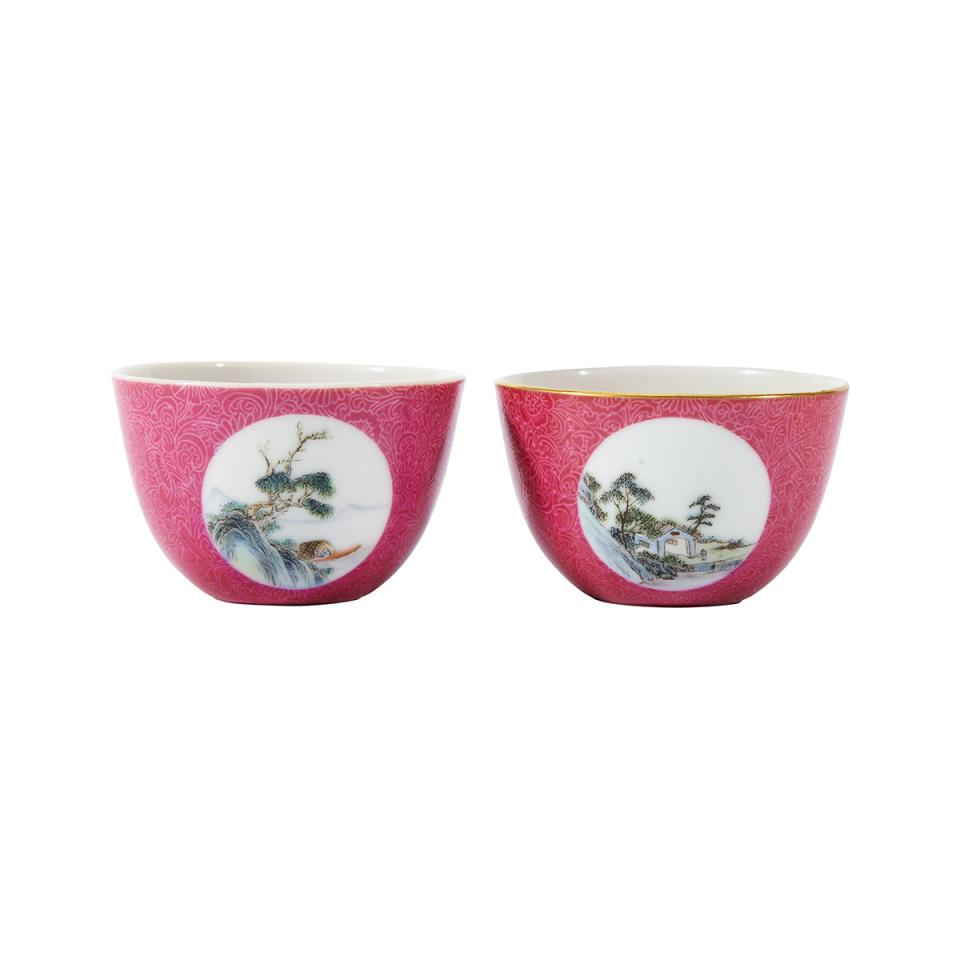 Pair of Small Sgrafito Ground Landscape Cups, Yongzheng Mark, Republican Period