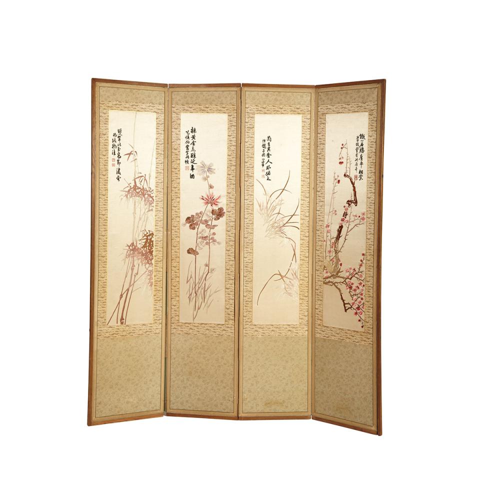 Silk Embroidered ‘Four Seasons’ Panels, Early 20th Century