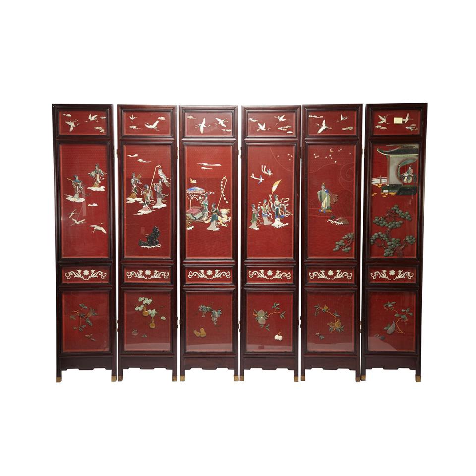 Six-Panel Cinnabar Lacquer and Hardstone Inlay Floor Screen, Mid-20th Century