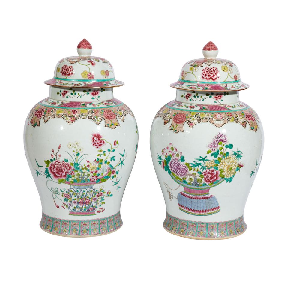 Pair of Export Famille Rose Jars and Covers