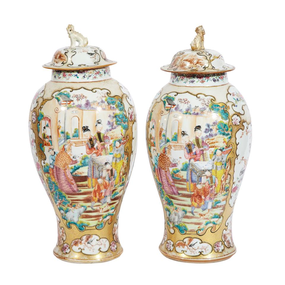 Pair of Large Export Canton Rose Vases and Covers, 18th Century