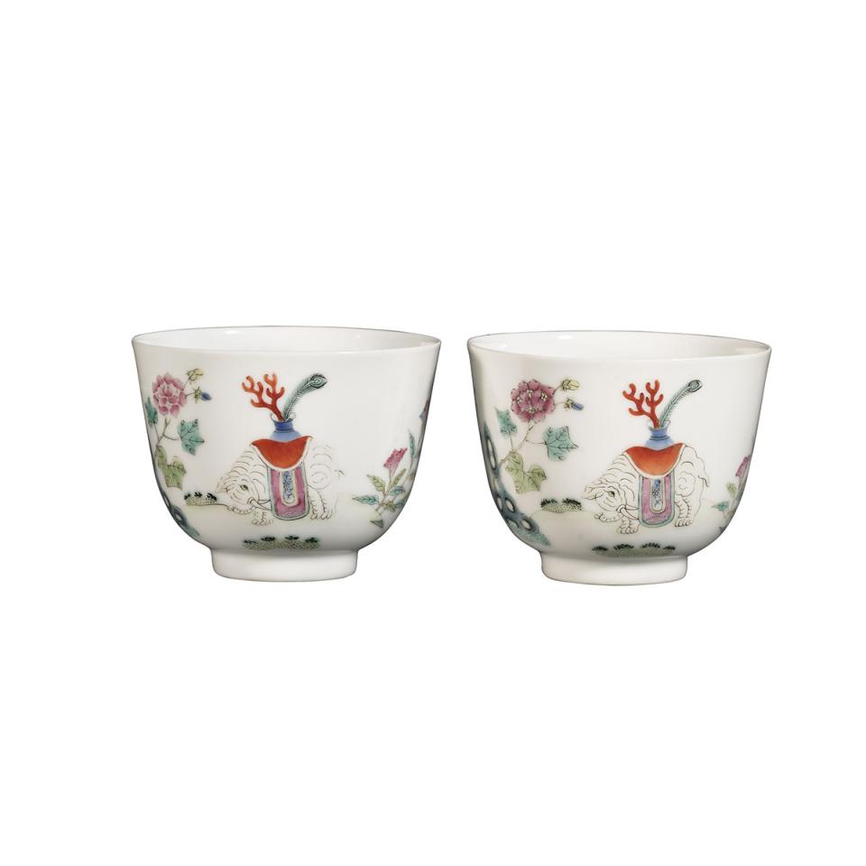 Pair of Famille Rose ‘Elephant’ Wine Cups, Qianlong Mark, 19th Century