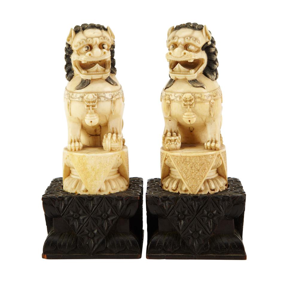 Pair of Ivory Carved Fu-Lions, 19th Century