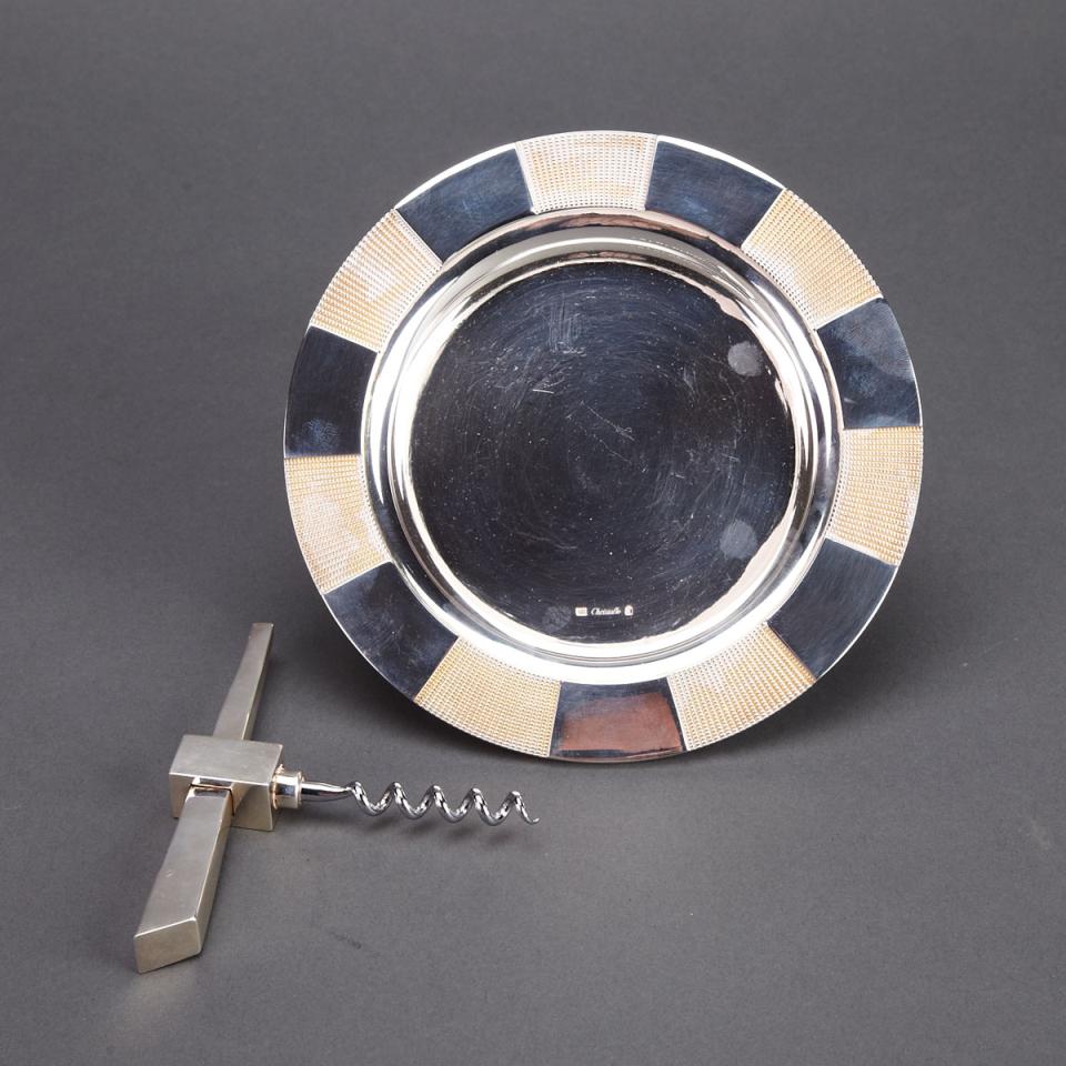 French Silver Plated Wine Coaster and Cork Screw, Adam D. Tihany for Christofle, 20th century