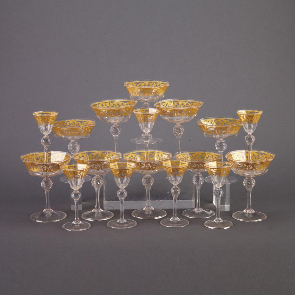 Ten Venetian Enameled and Gilt Glass Champagnes and Seven Liqueur Glasses, c.1900