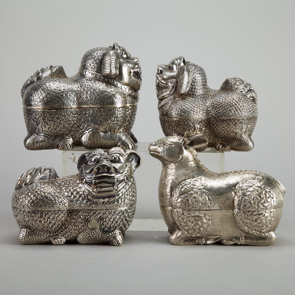 Four Silver Animal Form Betel Boxes and Covers, South East Asia