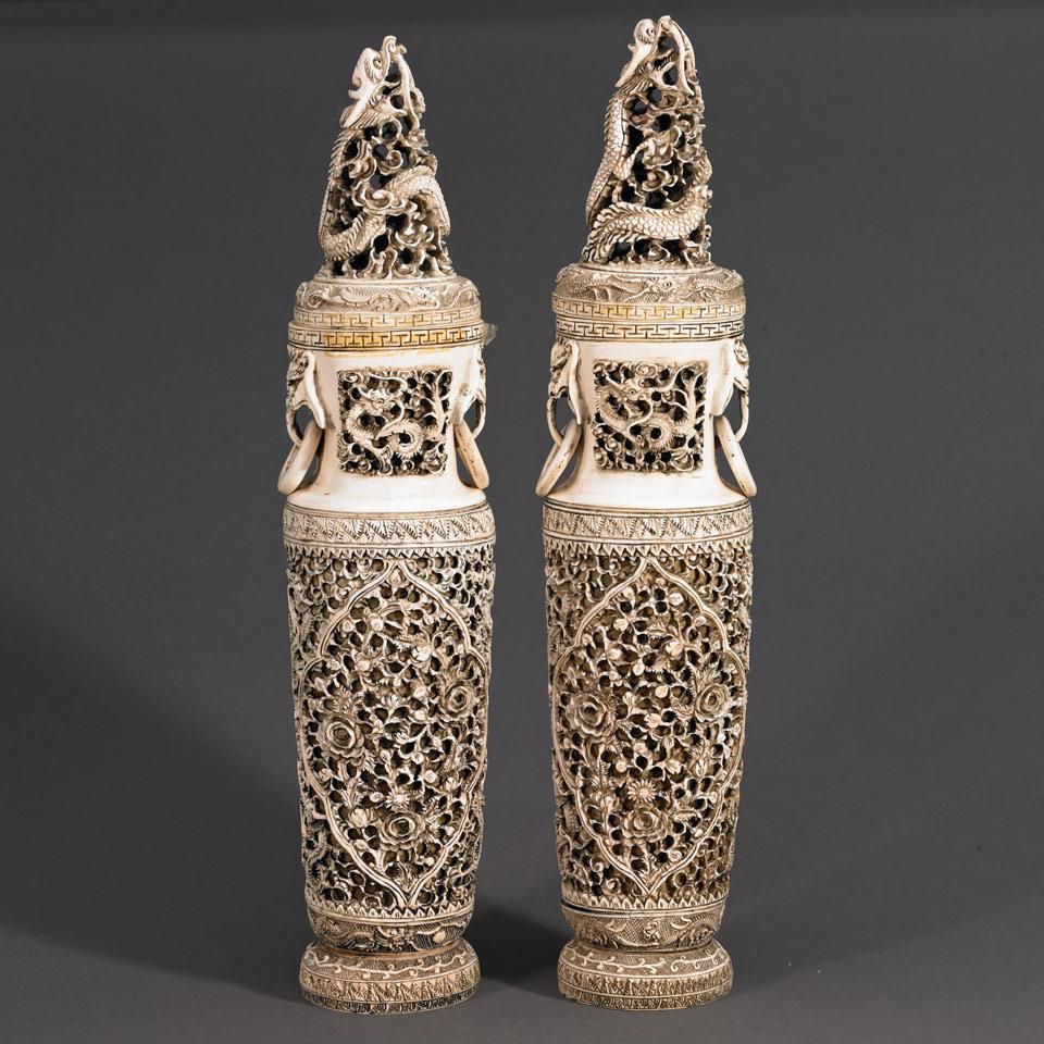 Pair of Large Ivory Carved Vases and Covers