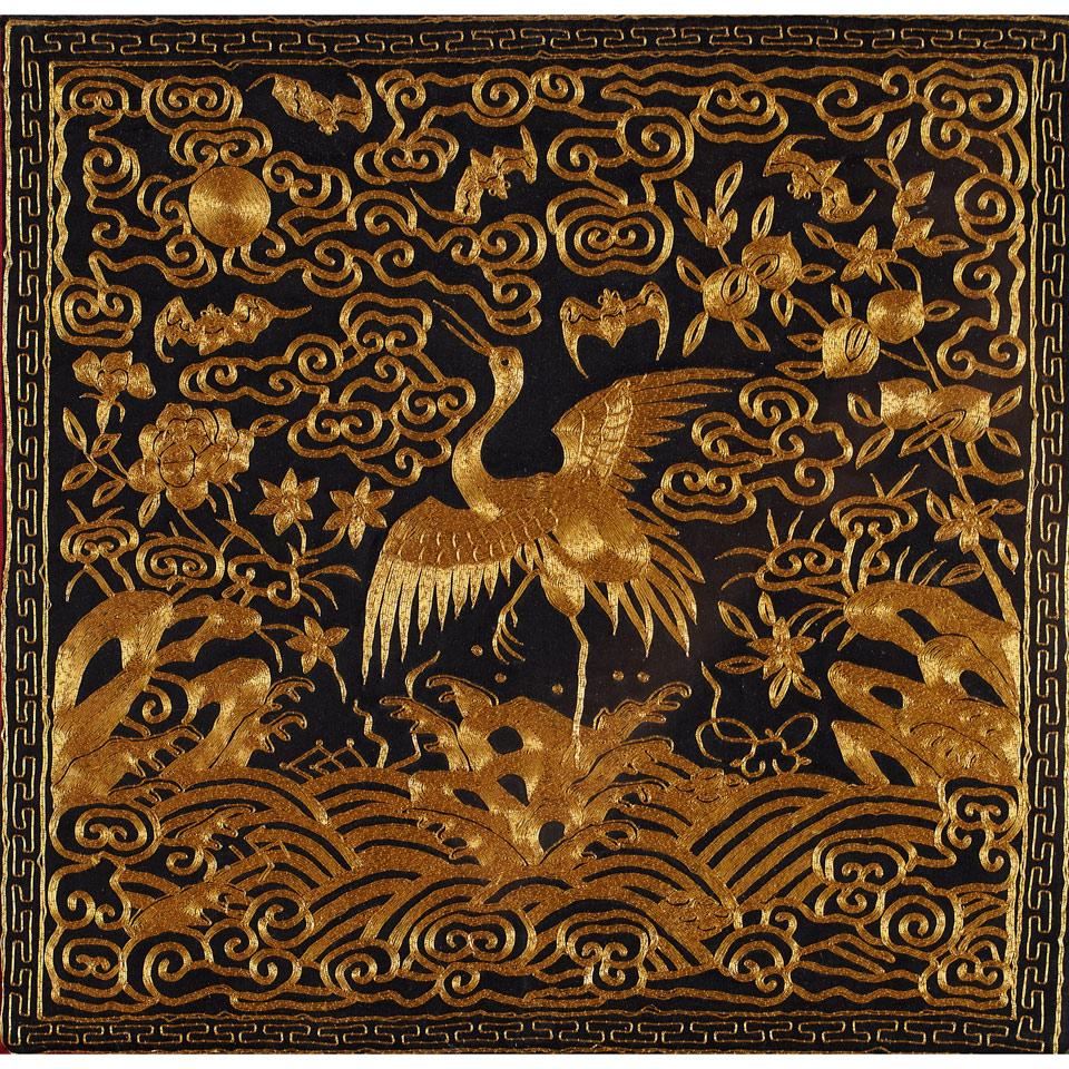 Silk Embroided ‘Crane’ Rank Badge, Late Qing Dynasty