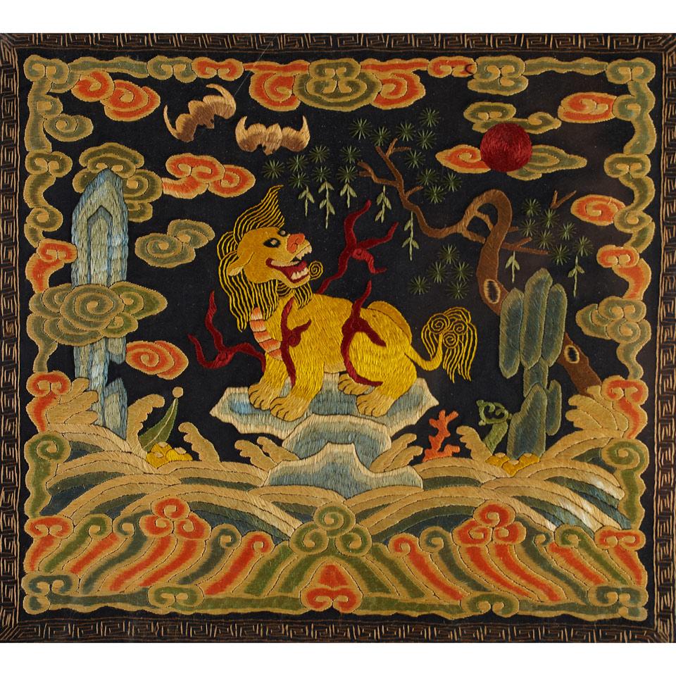 Silk Embroided ‘Lion’ Rank Badge, Late Qing Dynasty