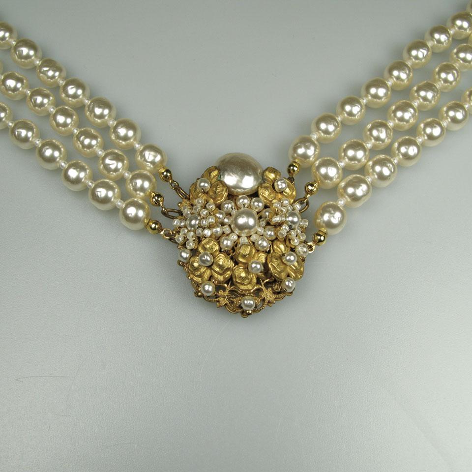 Miriam Haskell 3 Strand Faux Pearl Necklace