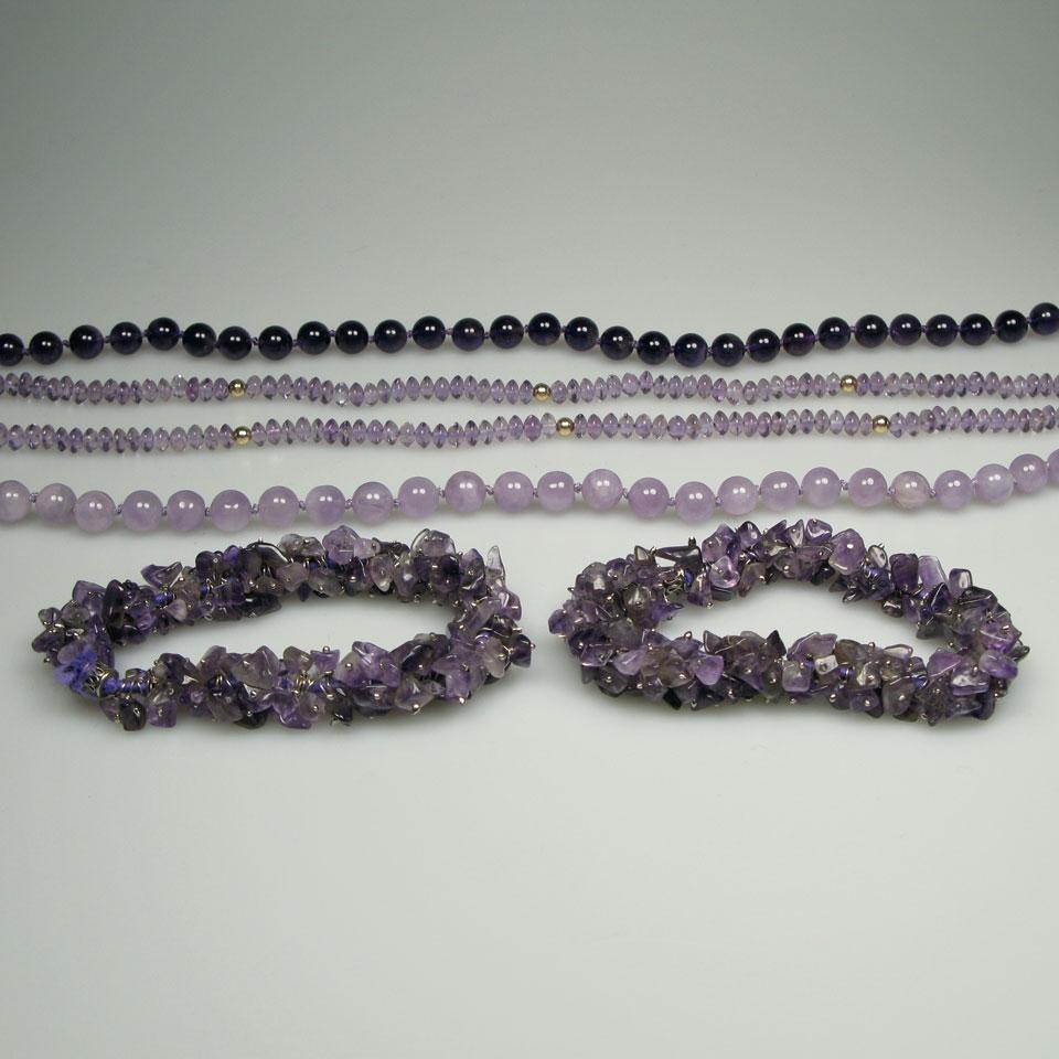 3 Amethyst Bead Necklaces And 2 Tumbled Amethyst Bracelets
