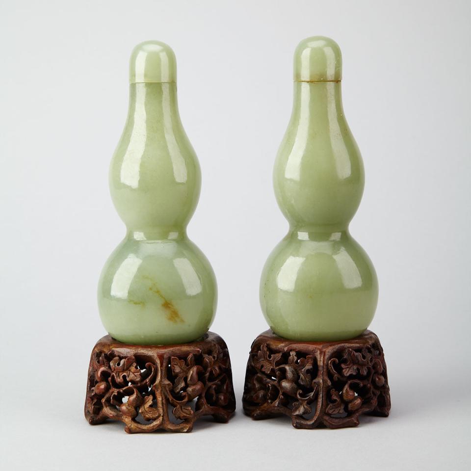 Pair of Jade Double Gourd Vases and Covers