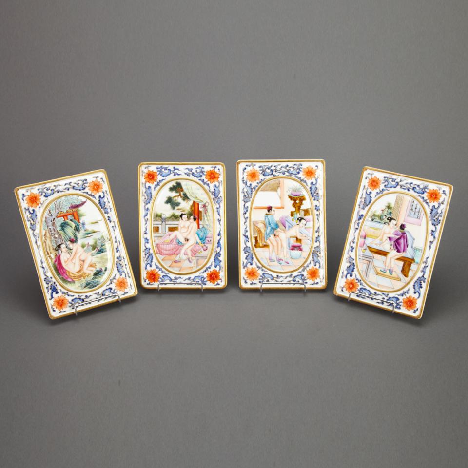 Set of Four Famille Rose Erotic Tiles, Qianlong Mark