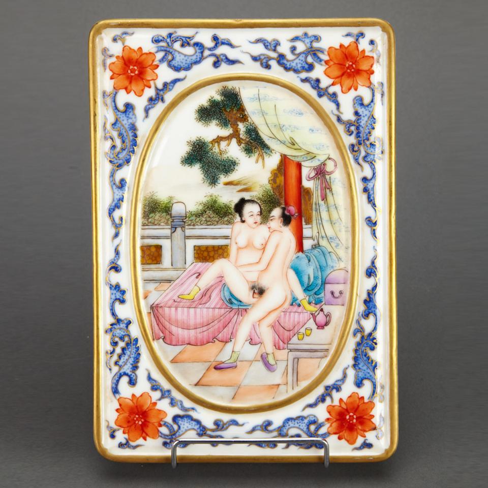 Set of Four Famille Rose Erotic Tiles, Qianlong Mark