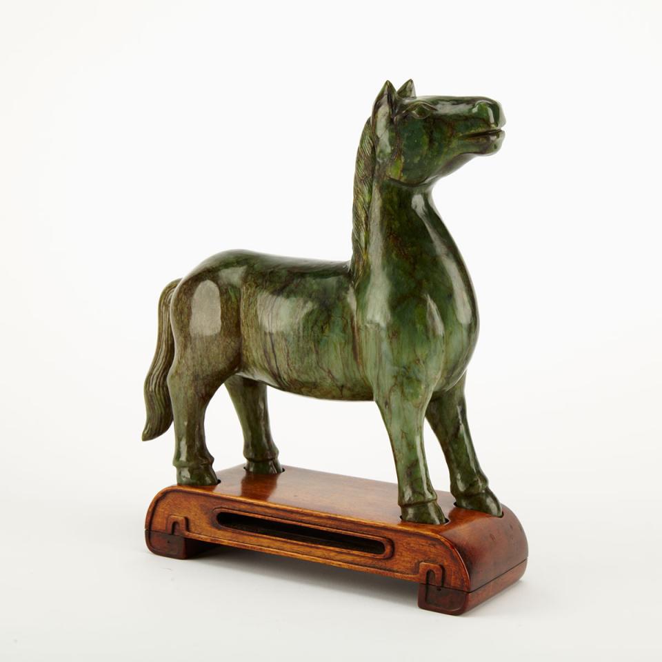 Large Spinach Green Jade Standing Horse, 19th Century