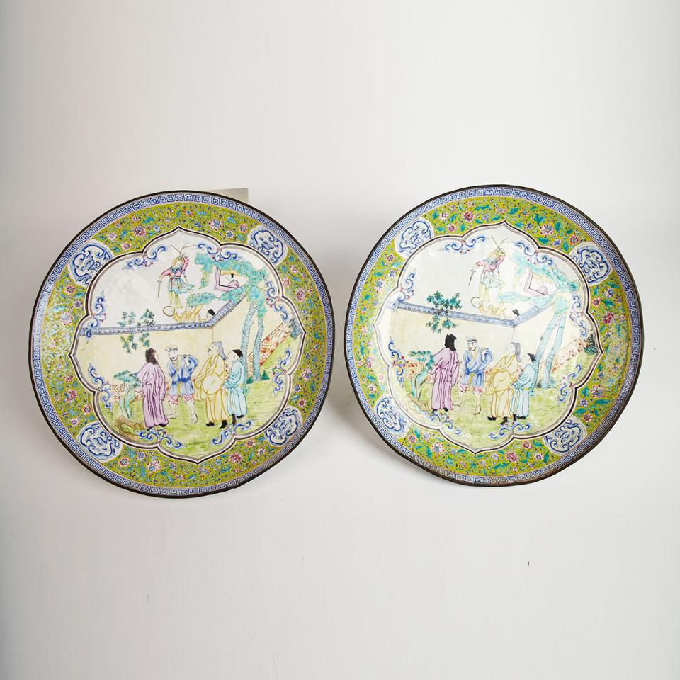 Pair of Large Canton Enamel Chargers, 19th Century