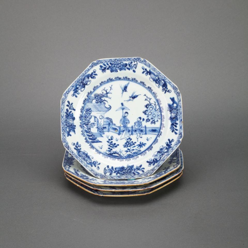 Four Export Blue and White Octagonal Plates, 18th Century