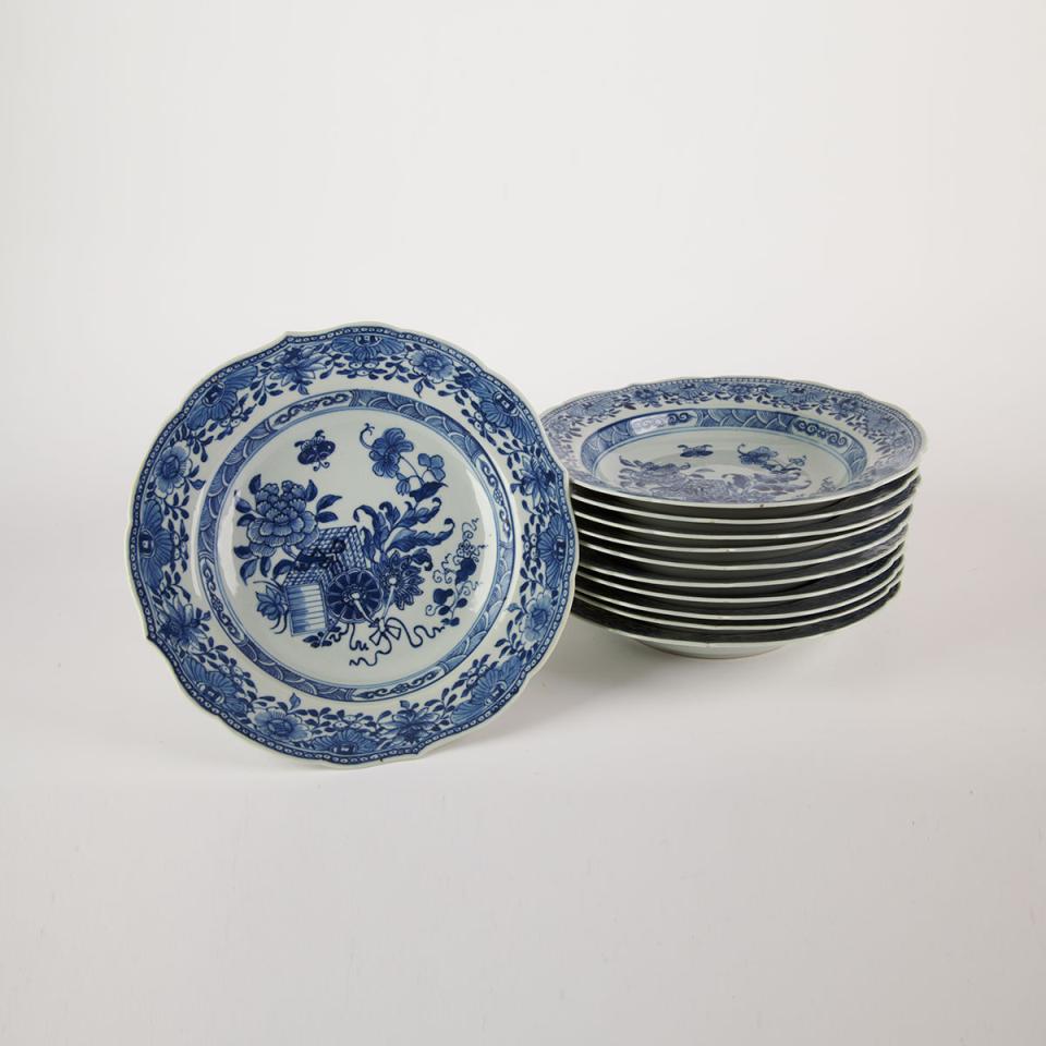 Eleven Export Blue and White Shallow Bowls, 18th Century