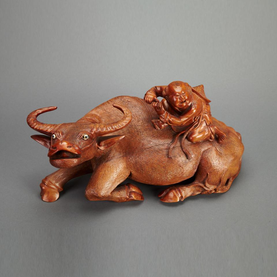 Rosewood Carved Water Buffalo and Boy